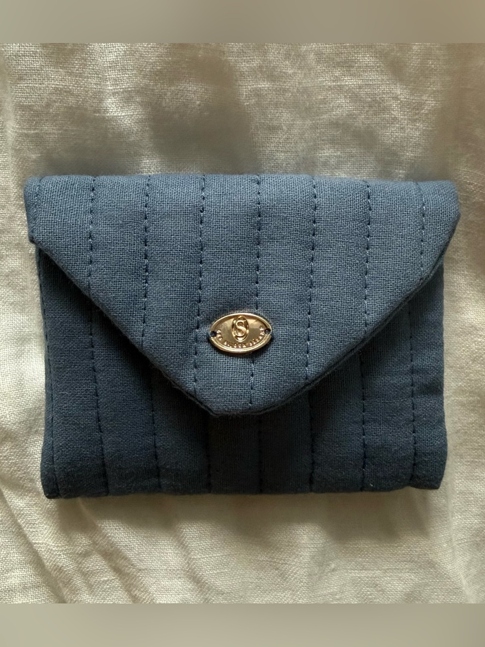 NWOT SEZANE Quilted Travel Jewelry Pouch: Slate Blue, Gold Snap 💌 Envelope Style
